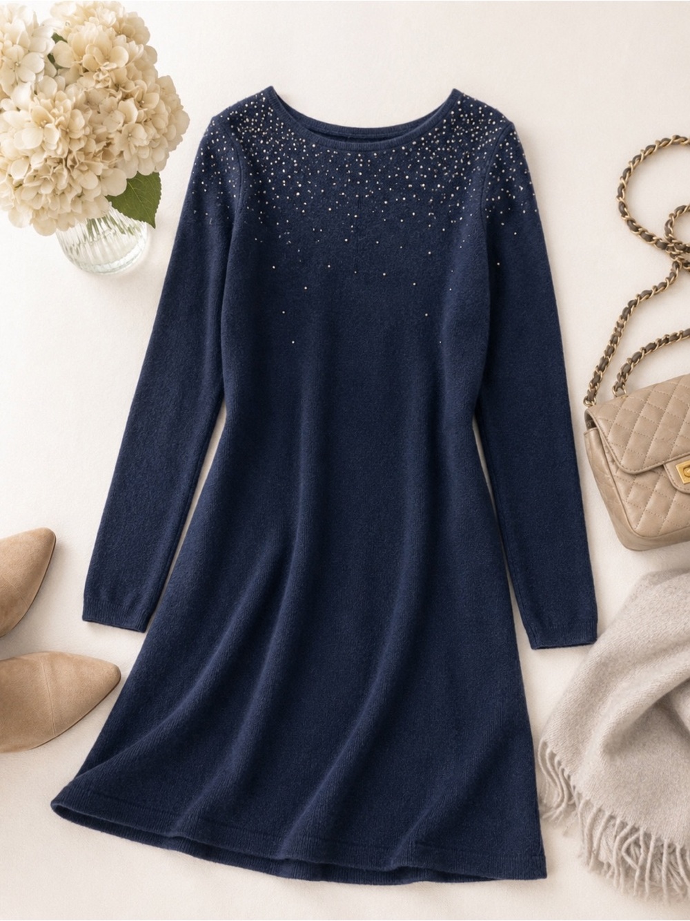 REPEAT Silver Edition 100% Cashmere‎ Rhinestone Sweater Dress Navy Blue Size S